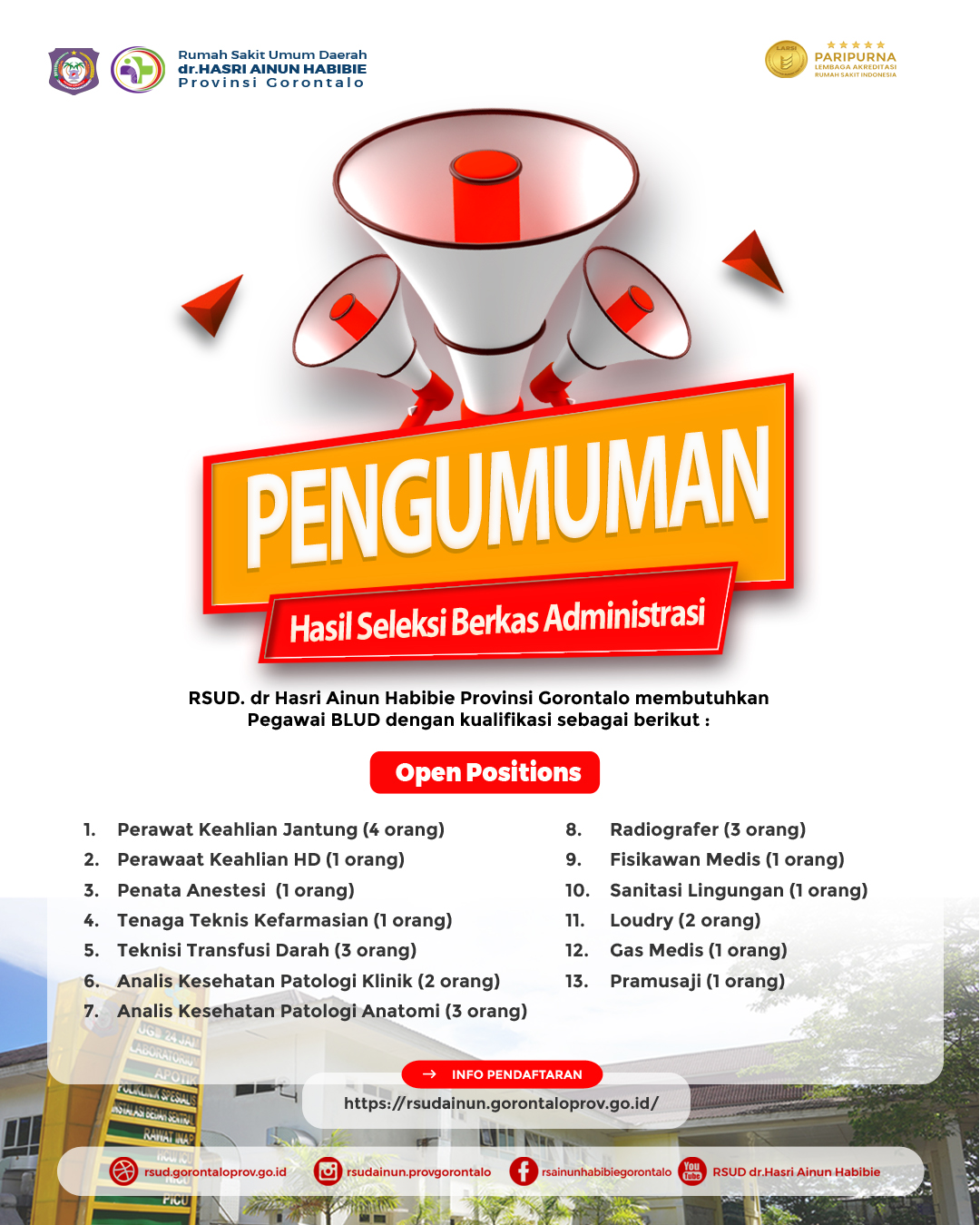 Pengumuman Hasil Seleksi Calon Pegawai BLUD RSUD dr. Hasri Ainun Habibie Provinsi Gorontalo 2025